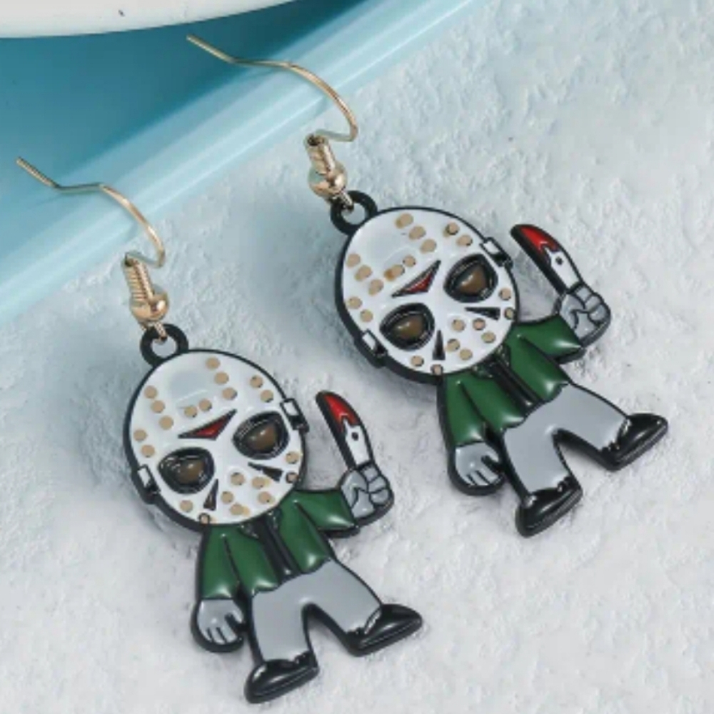 Jason Voorhees Metal Enamel Dangle Earrings, Friday The 13th, Zinc Alloy